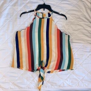 Mine Scalloped Edge Multi Color Striped Front Tie Camisole, Size Large